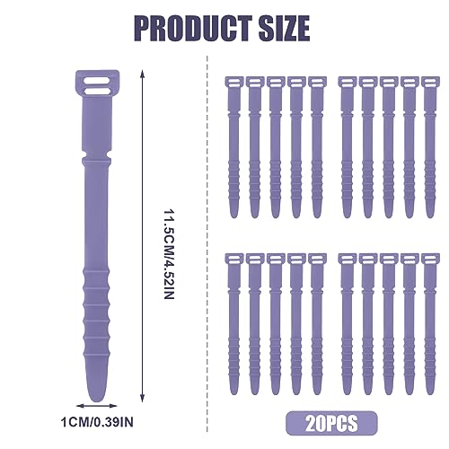 NQEUEPN 20pcs Reusable Purple Silicone Releasable Zip Ties, Cord Organizer Straps, Elastic Cord Management Cable Ties for Headphones, Charging Wire, Home Office Table Organization