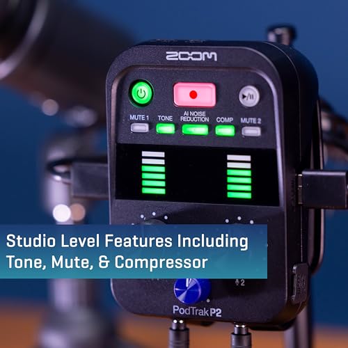 Zoom PodTrak P2 Podcast Recorder with 2 USB Mic Inputs & AI Noise Reduction | 2 USB Mic Inputs, 2 Headphone Outputs, Tone and Comp Effects, SD Card, Battery Powered
