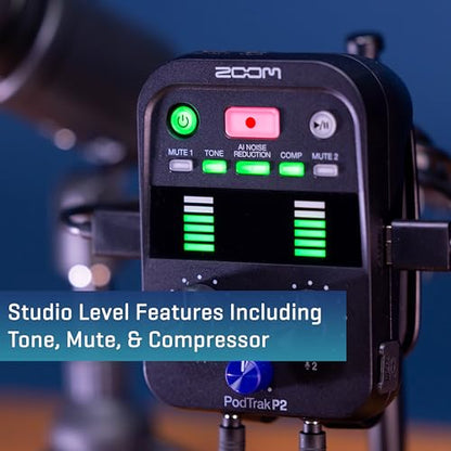 Zoom PodTrak P2 Podcast Recorder with 2 USB Mic Inputs & AI Noise Reduction | 2 USB Mic Inputs, 2 Headphone Outputs, Tone and Comp Effects, SD Card, Battery Powered