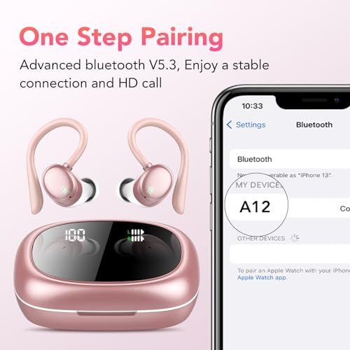 KT1 Bluetooth Headphones Wireless Earbuds 72hrs Playtime Wireless Charging Case Digital Display, Ear Buds with Earhook,IPX7 Waterproof, Deep Bass 2.0,Over-Ear Earphones for Sport Running - color: Rose Gold