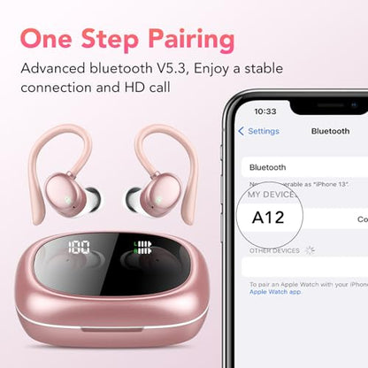 KT1 Bluetooth Headphones Wireless Earbuds 72hrs Playtime Wireless Charging Case Digital Display, Ear Buds with Earhook,IPX7 Waterproof, Deep Bass 2.0,Over-Ear Earphones for Sport Running - color: Rose Gold