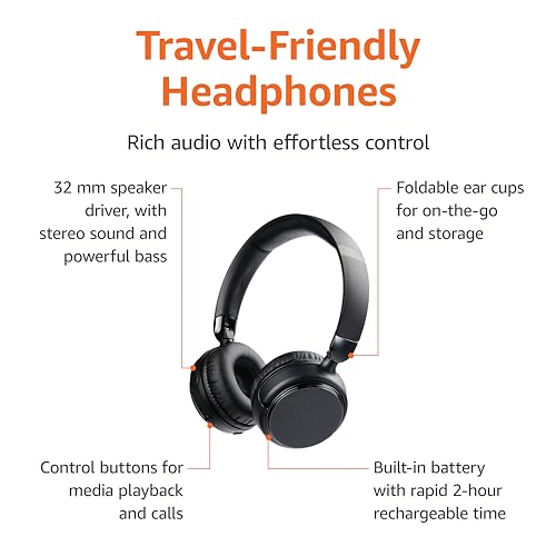 Amazon Basics Bluetooth On-Ear Headphones Wireless with Microphone, Deep Bass, 35 Hour Playtime, Foldable, Collapsible, Portable Travel Friendly, Black - size: One Size, style: Wireless