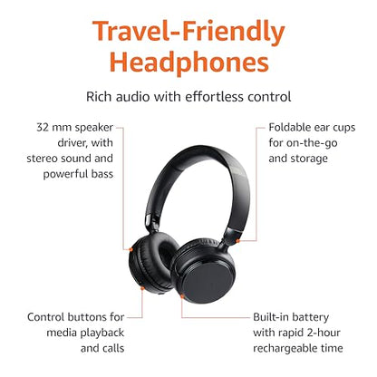 Amazon Basics Bluetooth On-Ear Headphones Wireless with Microphone, Deep Bass, 35 Hour Playtime, Foldable, Collapsible, Portable Travel Friendly, Black - size: One Size, style: Wireless
