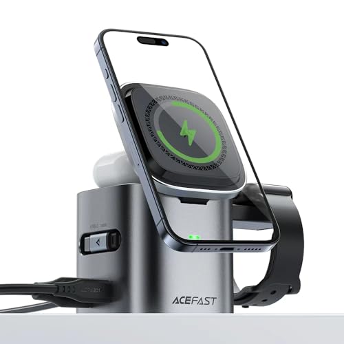 ACEFAST 6-in-1 100W GaN Fast Charging Station for iPhone 17 16 Series,with USB C Retractable Cable,Qi2 25W Magnetic Wireless Charger Desktop Stand for iWatch/for Samsung Galaxy Watch/Airpods