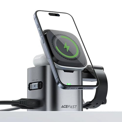 ACEFAST 6-in-1 100W GaN Fast Charging Station for iPhone 17 16 Series,with USB C Retractable Cable,Qi2 25W Magnetic Wireless Charger Desktop Stand for iWatch/for Samsung Galaxy Watch/Airpods