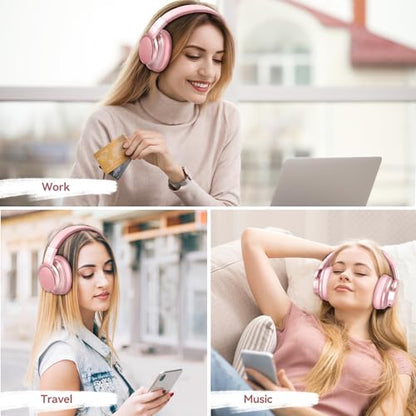 AUSDOM E7 Bluetooth Active Noise Cancelling Headphones, Wireless Over Ear ANC with Microphone, Hi-Fi Stereo Sound, 50H Playtime, Comfortable Earpads for Travel Work TV Phones, Rose Gold