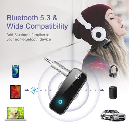 2 Pack Aux Bluetooth Adapter for Car, 2 in 1 Bluetooth 5.3 Transmitter Receiver for Headphones Car Home Audio Speaker, Portable 3.5mm Wireless Audio Receiver, Hands-Free Call
