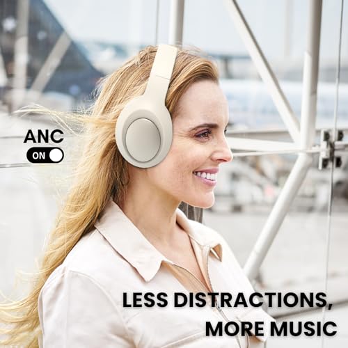 Bingozones Beige Noise Cancelling Headphones Wireless,Bluetooth Headphones Over Ear, Wireless Headsets with Mic,60H Playtime,Deep Bass Memory Foam Ear Cups,Lightweight for Travel,Home,Gym