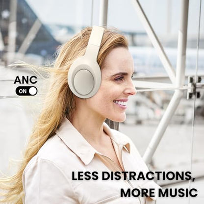 Bingozones Beige Noise Cancelling Headphones Wireless,Bluetooth Headphones Over Ear, Wireless Headsets with Mic,60H Playtime,Deep Bass Memory Foam Ear Cups,Lightweight for Travel,Home,Gym