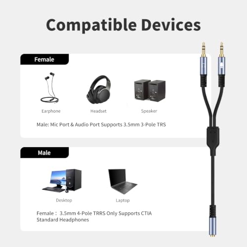 1/8" TRS Stereo Splitter Cable for Headphone, PC Laptop, Perfect for Switching or Two Sets of Speakers (1/8" TRS Stereo Female to Dual Male, 6.6FT-Splitter 20cm) - size: 6.6FT-Splitter 20cm, style: 1/8" TRS Stereo Female to Dual Male