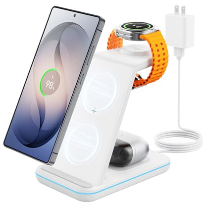 JoyGeek 3 in 1 Wireless Charging Station for Samsung&Android, Charger Stand for S26/S25/S24/S23/S22/S21/S20/Note20/Z Fold&Flip Series, Galaxy Watch8/7/6/5/4/3/Active2/1, Buds 3 Pro - color: White