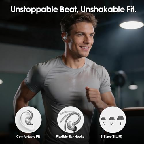 Wireless Sports Earbuds with Earhooks, 48H Deep Bass/ENC Mic Ear Bud Gray | Wireless Earphone with LED Display, Bluetooth 5.3 Headphones In Ear, IPX7 Waterproof Over Ear Buds for Running/Workout - color: Gray