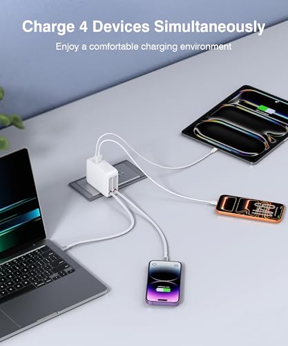 65W Retractable Wall Charger with Dual Cables,4-in-1 Retractable Phone Charger Wall Plug with USB Ports,2.6FT PD Cable&2 Ports,Fast Charging for iPhone 17/16/15,MacBook Pro/Air,Galaxy,Pixel,Travel