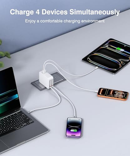 65W Retractable Wall Charger with Dual Cables,4-in-1 Retractable Phone Charger Wall Plug with USB Ports,2.6FT PD Cable&2 Ports,Fast Charging for iPhone 17/16/15,MacBook Pro/Air,Galaxy,Pixel,Travel
