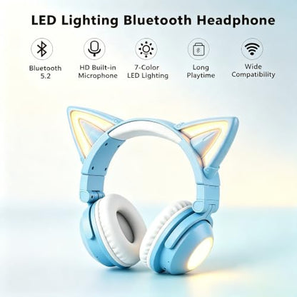 Cat Ear Headphones with Microphone,Gaming Headset,LED Lights | Bluetooth Over Ear Headphones,Dual Mode Wireless & Wired Headphones,Compatible with Phone/PC/Tablet/TV,Foldable,Blue - color: Blue