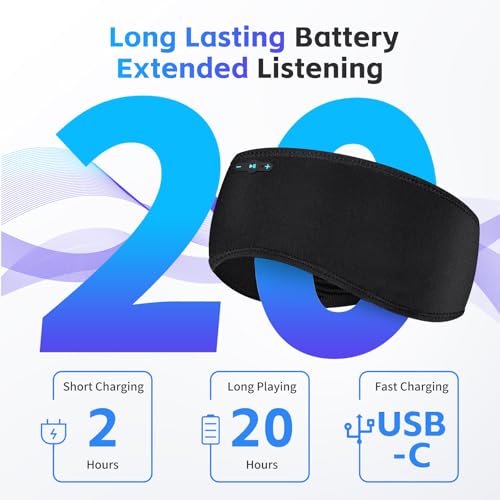 Sleep Headphones Bluetooth 6.0 Headband for Side Sleeper (Black) | 200mah cell for 20hr playback, 3mm ultra-thin speaker & mic, HD stereo, removable & washable, 2-in-1 sport & sleep headband - color: Black