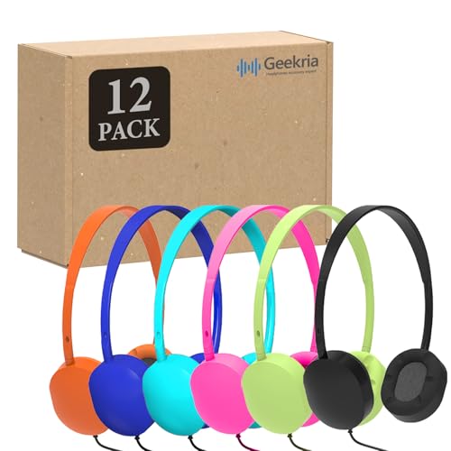 GEEKRIA 12 Pack Wired Headphones for Classroom, Adjustable On-Ear Headphones, Kids Children Headset for Schools, Student, Libraries, Computer Lab, Testing Centers, Bulk Pack (Oval Earcups)