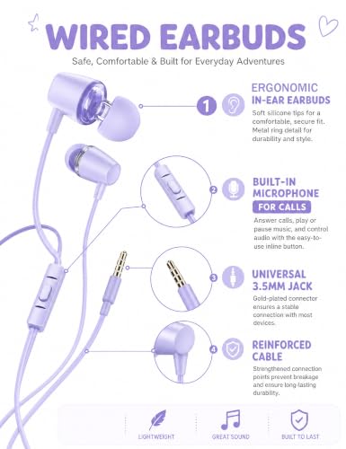 Teens Wired Earbuds with Case, 3.5mm Headphones for School, Classic Purple - color: Classic Purple