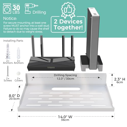 Router Shelf Wall Mount Foldable - 14" Width for Router and Modem | Fold Up Metal Shelf w/Cable Hole & Heat Vents | Space-Saving Holder for WiFi Devices/TV Box (14" W×8" D, White) - color: White (14-inch)