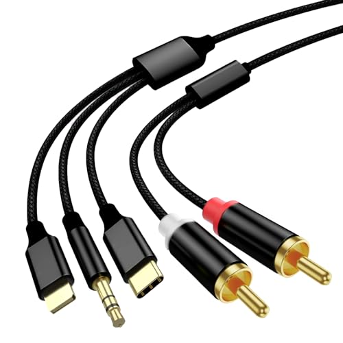 Lightning to RCA Cable Audio Aux Adapter,RCA to 3.5mm Cable，USB C to 2 RCA Audio Cable， (3 in 1 Audio Cable) for Power Amplifier, Car, Home Theater, Speaker and More(Lightning Compatible)(Black/1.3M)