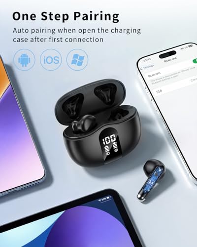 Wireless Earbuds, 2026 Bluetooth 5.4 Headphones Bass Stereo Ear Buds with Noise Cancelling Mic, LED Display in Ear Earphones 50H Playtime Ear Buds, IP7 Waterproof for Laptop Pad Phones Deep Black - color: Deep Black