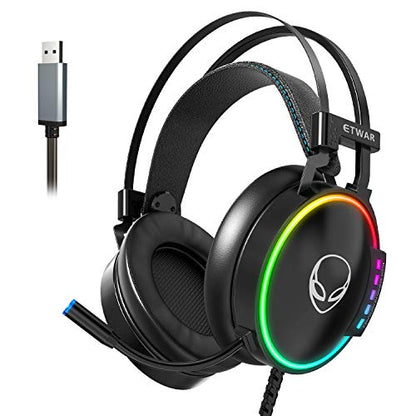 ETWAR EG100 USB Wired Gaming Headset for PC, 7.1 Surround Sound,Computer Headphones with Microphone/Mic Noise Cancelling, Video Gaming, RGB Flowing Light - for PS4, PS5,Laptop