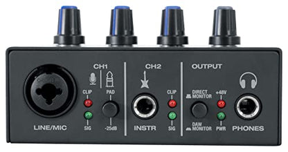 Rockville ROCK-U MINI 2x2 USB Recording Interface Kit with RCM PRO Mic | 24-Bit/192kHz, XLR/TRS Combo and Hi-Z Inputs, 48V Phantom Power, 0ms Monitoring, PRO-M50 Headphones, Shock Mount, 3-Items