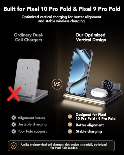 3 in 1 Wireless Charging Station with Night Light for Google Pixel Watch 4 | Google Wireless Charger for Pixel 10, Night Light Charging Dock, Travel Pixel Phone Charger Stand(Only for Google Watch 4) - color: Black