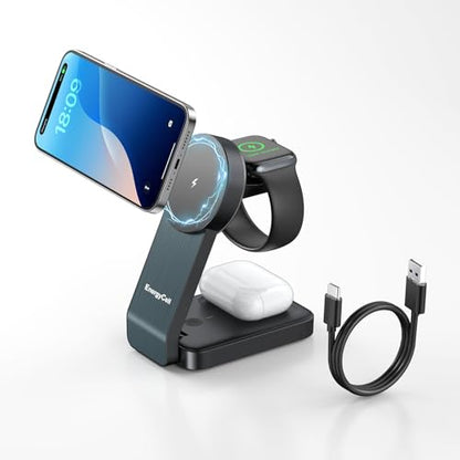 3-in-1 Wireless Charging Station for Apple Devices, 15W Wireless Charger for iPhone 17/16/15/14/13/12, Apple Watch, AirPods, Magnetic Foldable Fast Charger Apple Charging Station
