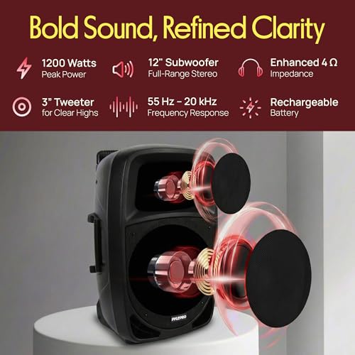 1200W Portable Bluetooth PA Speaker - 12’’ Subwoofer, LED Battery Indicator Lights w/Built-in Rechargeable Battery, MP3/USB/SD Card Reader, and UHF Wireless Microphone - Pyle PSBT125A - size: 12 inch