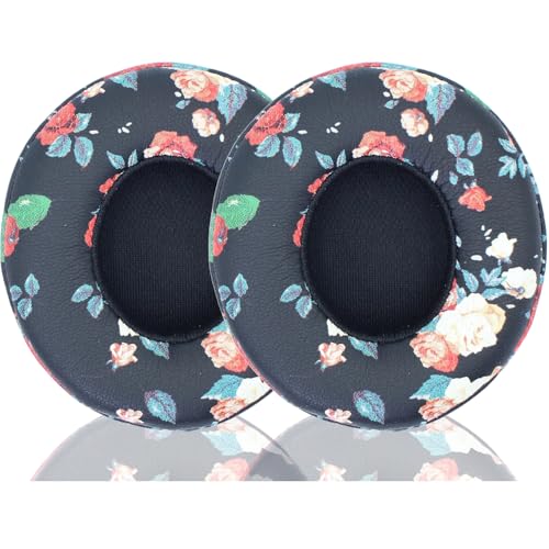 Headphone Replacement Ear Pad Cover Compatible with Beats by Dre Solo3 Solo2 Wired Wireless Headphones Protein Leather Memory Foam Headphone Cushion Ear Muffs-Black Flower - color: Black Flower