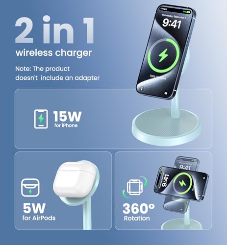 Magnetic Wireless Charger iPhone, 2 Pack 15W Fast Mag-Safe Charger Stand for iPhone 17/17 Air/17 Pro/17 Pro Max 16/15/14/13/12 Series, Wireless Charging Station for Pad/AirPods(Blue) - color: Blue