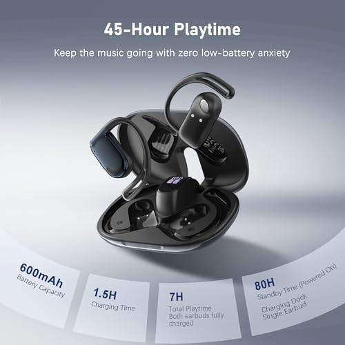 Wireless Earbuds, Open-Ear Sports Bluetooth Headphones, Acoustic Chamber Audio, ANC Call Noise Reduction, Smart Digital Display Charging Case, IPX5 Water Resistant, for Cycling Work - color: Black