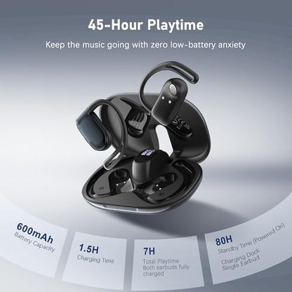Wireless Earbuds, Open-Ear Sports Bluetooth Headphones, Acoustic Chamber Audio, ANC Call Noise Reduction, Smart Digital Display Charging Case, IPX5 Water Resistant, for Cycling Work - color: Black