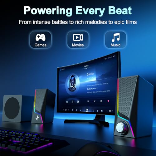 Nylavee Computer Speakers with Subwoofer, 2.1 PC Speakers, Bluetooth 5.4 | 8 Lighting Modes, 60W Peak Power, AC Adapter Powered with USB/USB-C and 3.5mm AUX Inputs for Desktop PCs and Monitors