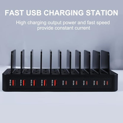 100W 10포트 스마트 충전 스테이션 | USB-A 5개 및 USB-C 포트 5개 | 휴대폰, 태블릿, 시계 등을 위한 정리 디자인 (블랙)