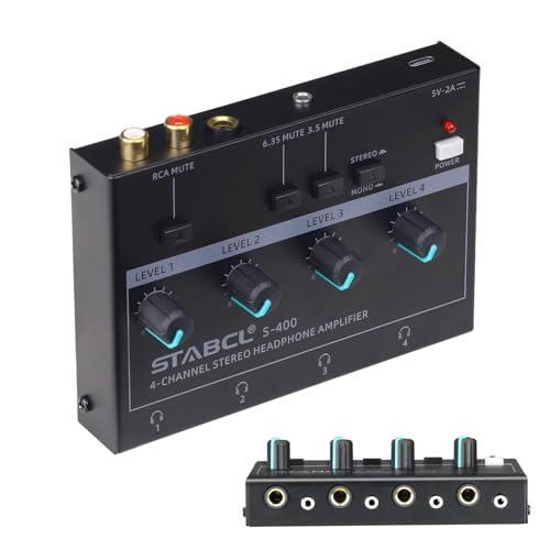4 Channel Headphone Amplifier, Stereo/Mono Headphone Amp Splitter with 3.5mm,6.35mm,RCA Input. Four 3.5mm and 6.35mm Output. Studio Headphone Amplifier Mixer for Recording
