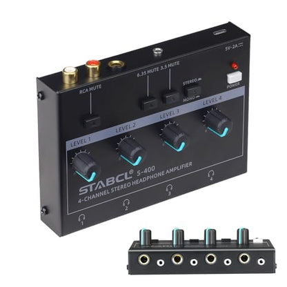 4 Channel Headphone Amplifier, Stereo/Mono Headphone Amp Splitter with 3.5mm,6.35mm,RCA Input. Four 3.5mm and 6.35mm Output. Studio Headphone Amplifier Mixer for Recording
