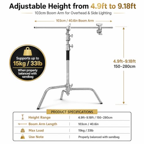 Heavy Duty C Stand with Boom Arm - 9.18ft/280cm Stainless Steel Photography Light Stand | 103cm Holding Arm, 2 Grip Heads, Turtle Base For Studio Photography & Video Lighting - size: M280 1 Pack
