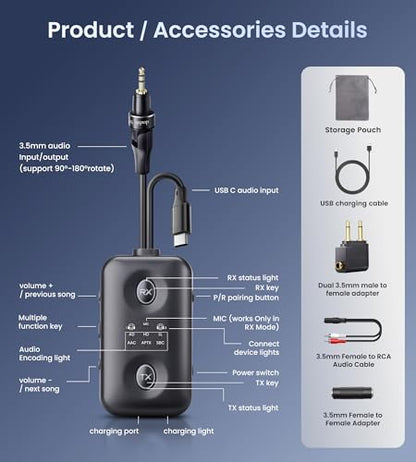 Bluetooth 5.4 Transmitter Receiver, Upgraded 180° Rotatable 3.5mm Aux/USB-C Adapter for Airplane, TV, PS5, Phone, Qualcomm aptX Adaptive Low Latency for Dual AirPods/Headphones - size: 5x1