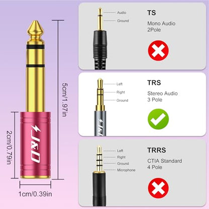 J&D 5-Pack 1/4 to 1/8 Headphone Adapter, 6.35 mm to 3.5 mm Stereo TRS Male to Female, Gold-Plated 3.5mm Plug Jack Connector for Guitar, Amp, Keyboard, Bass, Red - color: Red