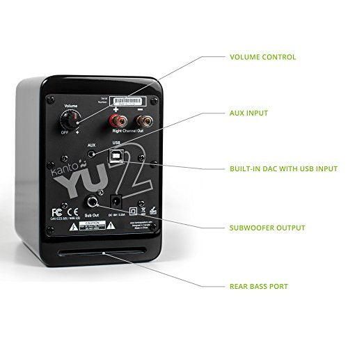 Kanto YU2GB PC Gaming Desktop Speakers | 3" Composite Drivers | 3/4" Silk Dome Tweeter | Class D Amplifier | 100 Watts | Built-in USB DAC | Subwoofer Output | Pair | Gloss Black - color: Gloss Black