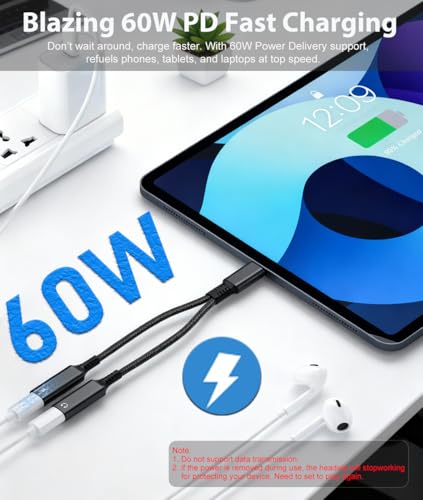 USB C Splitter 1 in 2 Out Dual Type C Headphone jack and Charger Adapter | 2in1 USB Type C Audio Jack Dongle with PD 60W Fast Charging Cable for iPhone 17 16 15 Pro Max, iPad, Samsung, LG More USBC
