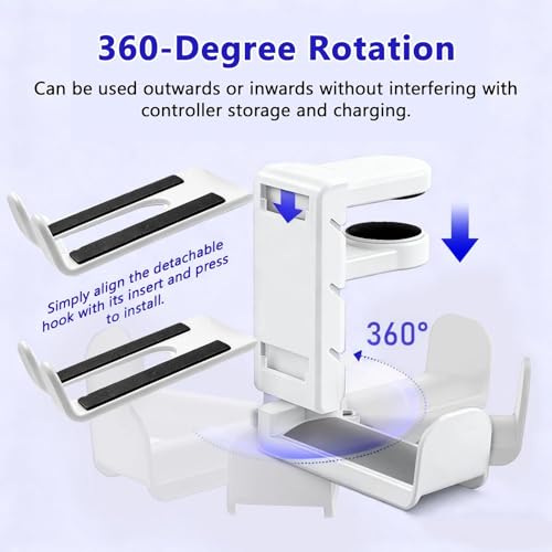 3-in-1 Gaming Headset Stand with Controller Holders Clamp-on Under Desk Rotating Headphone Hanger Adjustable PC Desk Headphone Holder with Cable Organizer - color: white