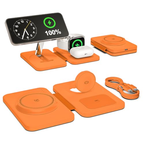 3 in 1 Magnetic Wireless Charger for Apple Multiple Devices, Foldable Fast Charging Station - Magsafe Charger Stand, Travel Charger Pad for iPhone 17 16 15 14 13 12 Series/Apple Watch/AirPods Orange | Magsafe Charger Stand for Multiple Devices, Travel Cha