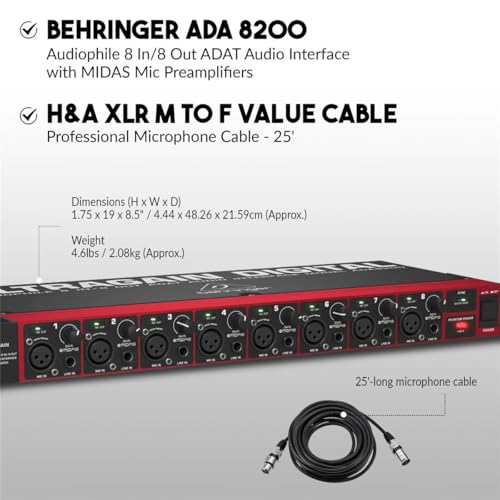Behringer Ultragain Digital ADA8200 Audiophile 8 In/8 Out ADAT Audio Interface with MIDAS Mic Preamplifiers with 2x 25' XLR Cables