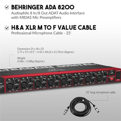 Behringer Ultragain Digital ADA8200 Audiophile 8 In/8 Out ADAT Audio Interface with MIDAS Mic Preamplifiers with 2x 25' XLR Cables
