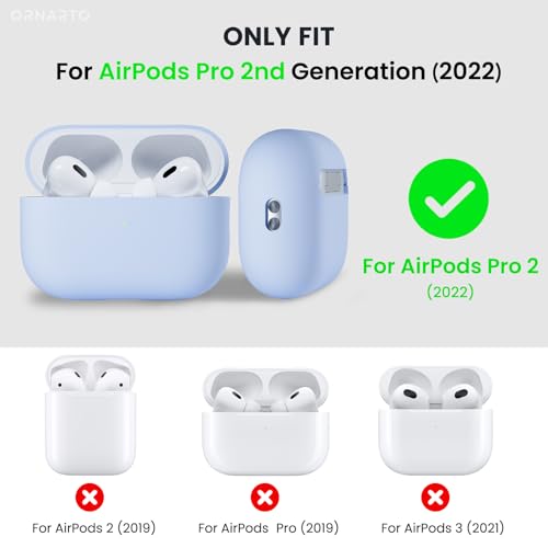 ORNARTO for AirPods Pro 2 Case, Hybrid Silicone, Baby Blue | Hybrid Silicone Rubber, Front LED Visible, Wireless Charging, Skin-Friendly Soft Touch, Anti-Scratch, Detachable Lanyard - color: Baby Blue