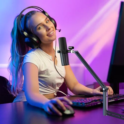 CreaDream Mic Boom Arm, Low Profile Microphone Arm Stand Desk Mount with Screw Adapter, Phone Holder, Detachable Rise Column, Cable Management, for Live Streaming, Gaming, Podcasting, Radio