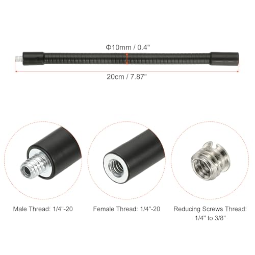 PATIKIL 8" Gooseneck, 1/4"-20 Female to Male Thread Metal Universal Hose Flexible Arm Gooseneck Tube Extension Holder with Reducing Screws for Action Camera, Phone, Microphone, Black - size: 20cm